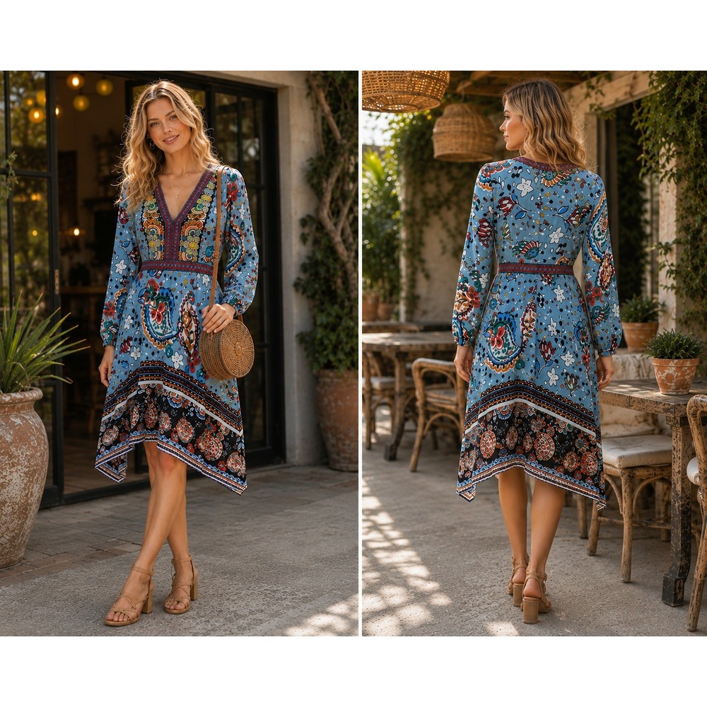 Akemi + Kin Anthropologie Boho Blue Paisley Beaded V-Neck Midi Dress Size 2